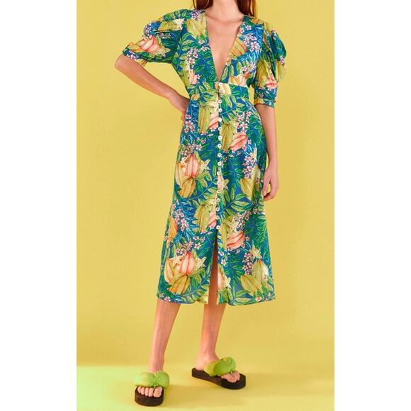 FARM Rio Women's Women'sStar Fruits Puff Sleeve Midi Dress Multicolor XL NWT